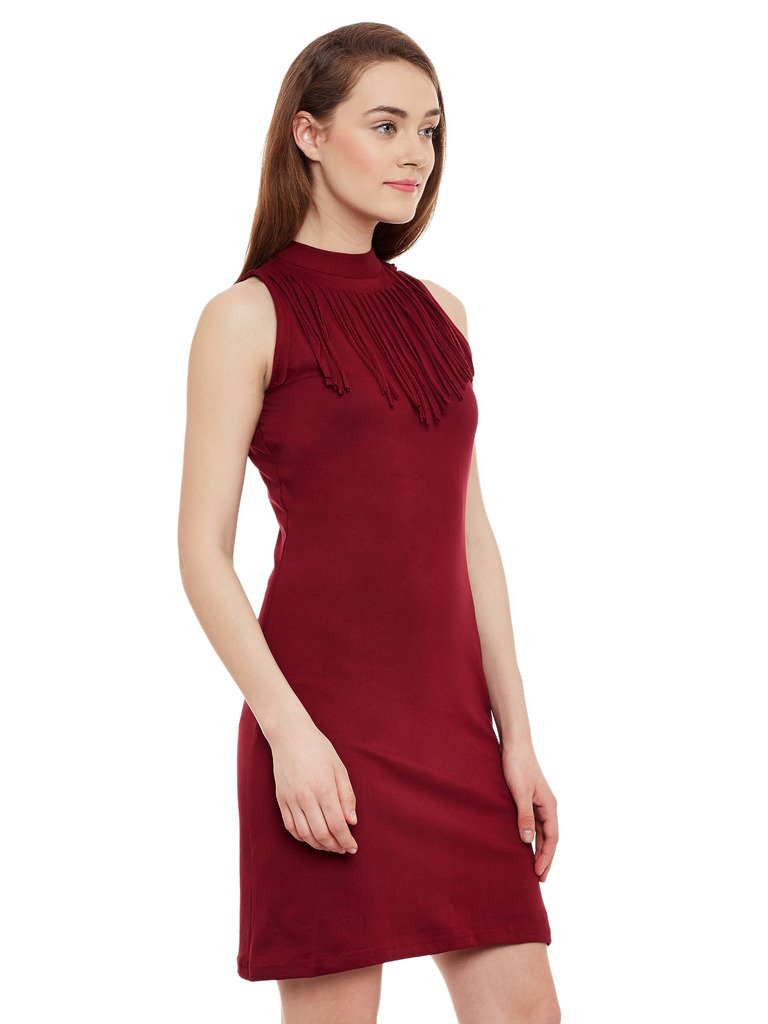 Women's Maroon Cotton Round Neck Sleeveless Solid Mini Bodycon Dress - Image 3