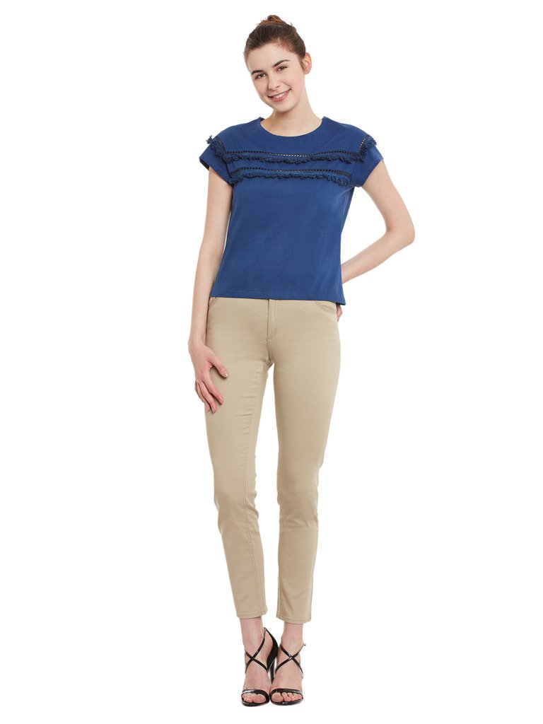 Women's Yellow Short Sleeve Round Neck Solid Lace Panelled Top - Image 19