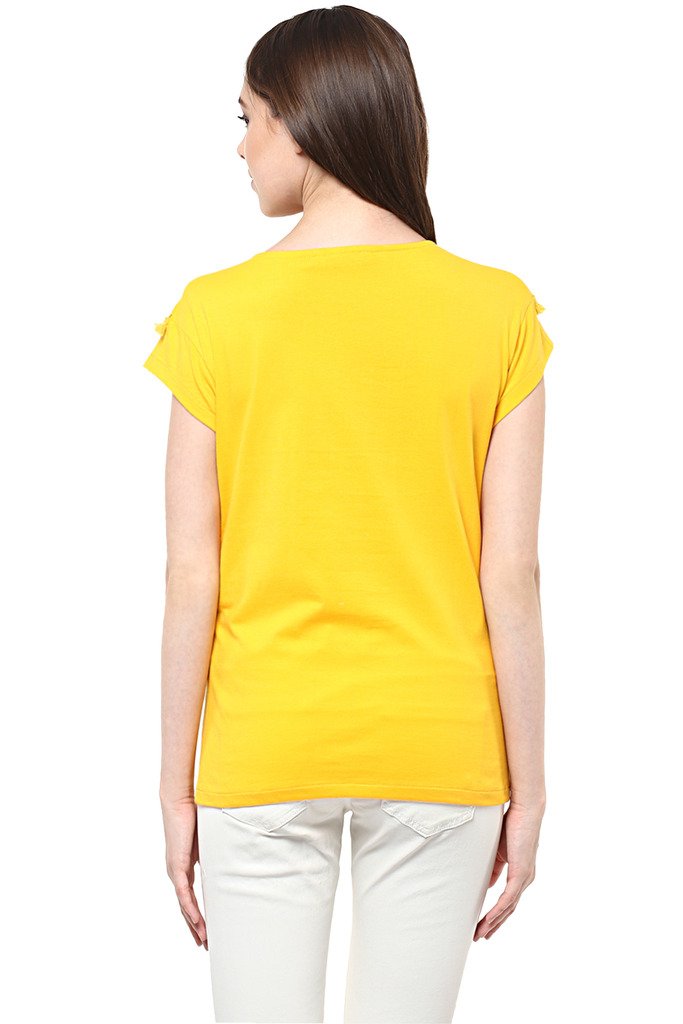 Women's Yellow Short Sleeve Round Neck Solid Lace Panelled Top - Image 13