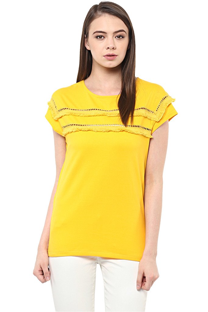 Women's Yellow Short Sleeve Round Neck Solid Lace Panelled Top - Image 12