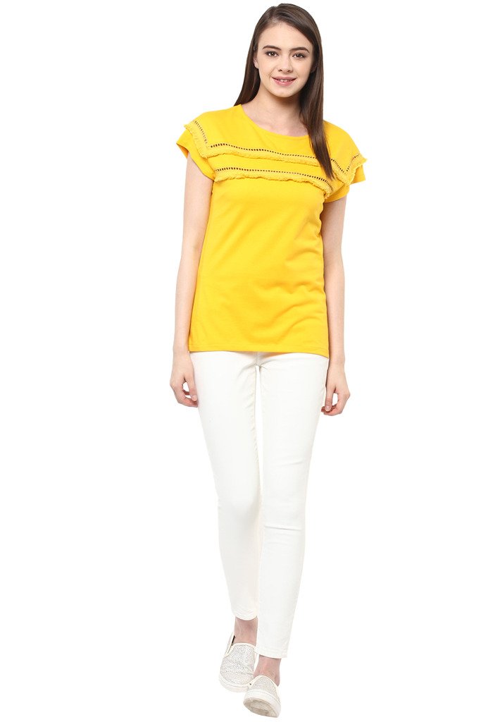 Women's Yellow Short Sleeve Round Neck Solid Lace Panelled Top - Image 15
