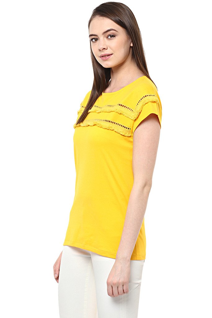 Women's Yellow Short Sleeve Round Neck Solid Lace Panelled Top - Image 14