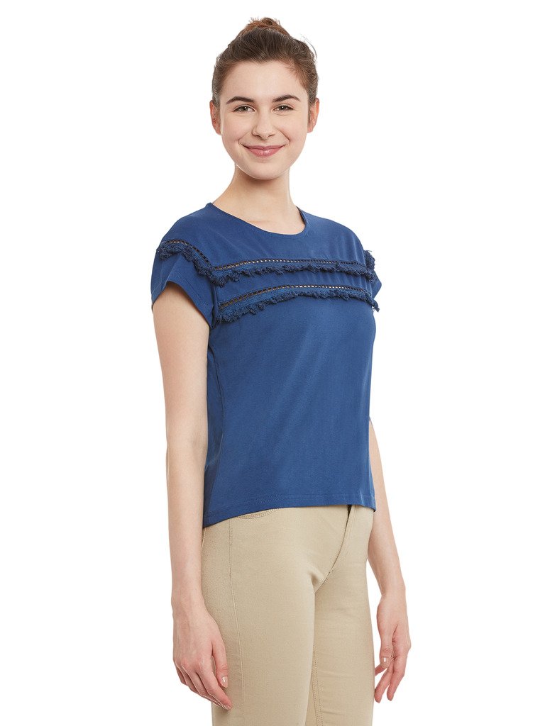 Women's Yellow Short Sleeve Round Neck Solid Lace Panelled Top - Image 20