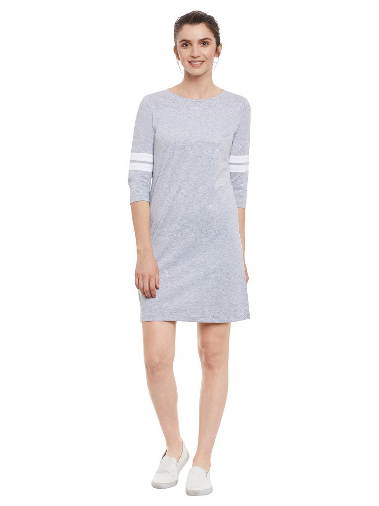 Women's Super Soft Solid Round Neck 3/4th Sleeves Paneled Color Block Mini Shift Dress - Image 2
