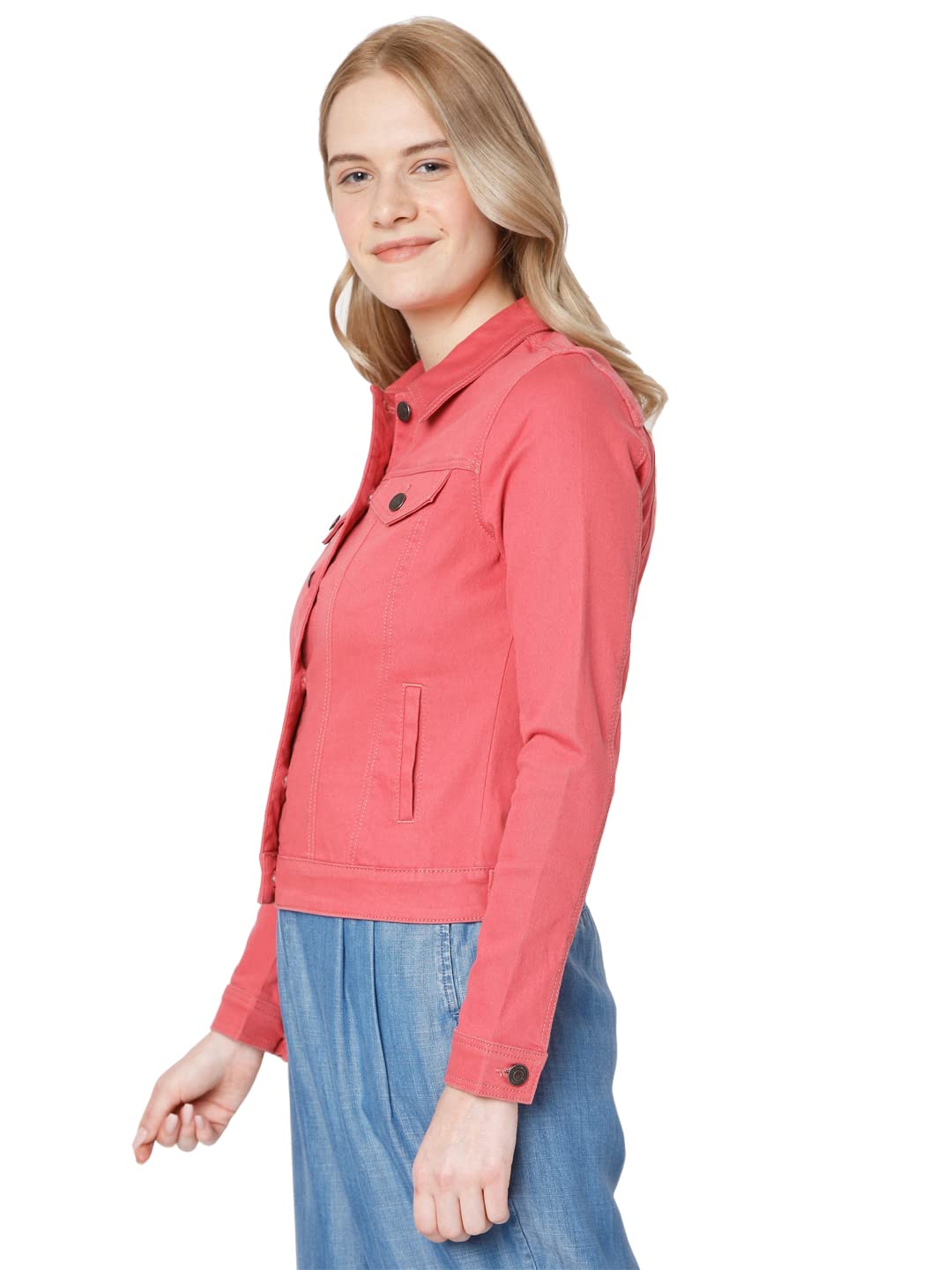 Solid Cotton Round Neck Womens Casual Jacket - Image 3