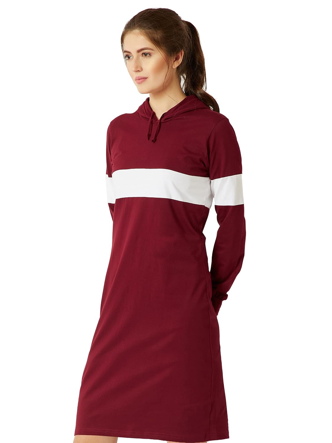 Women's Round Neck Full Sleeves Cotton Solid Hooded Knee-Long T-Shirt Dress - Image 3