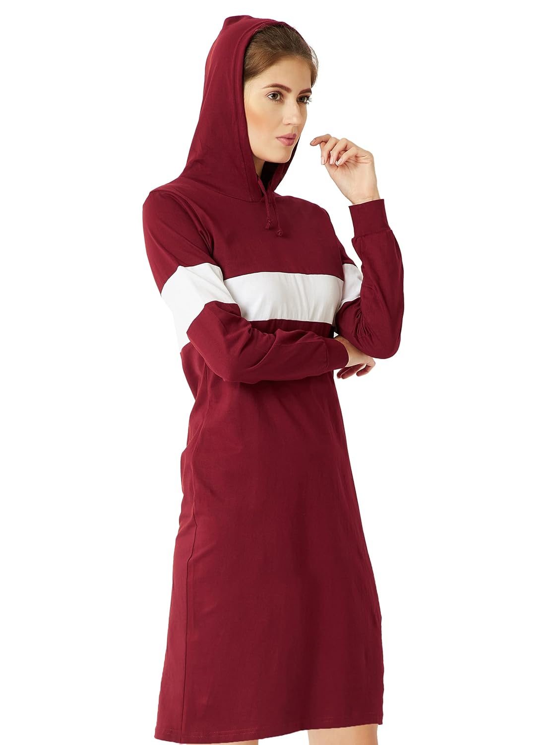Women's Round Neck Full Sleeves Cotton Solid Hooded Knee-Long T-Shirt Dress - Image 4