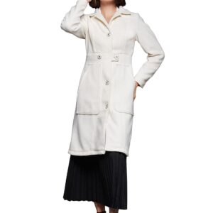 Women's Off White Solid Shirt Collar Full Sleeves Polyester Winter Wear Jacket