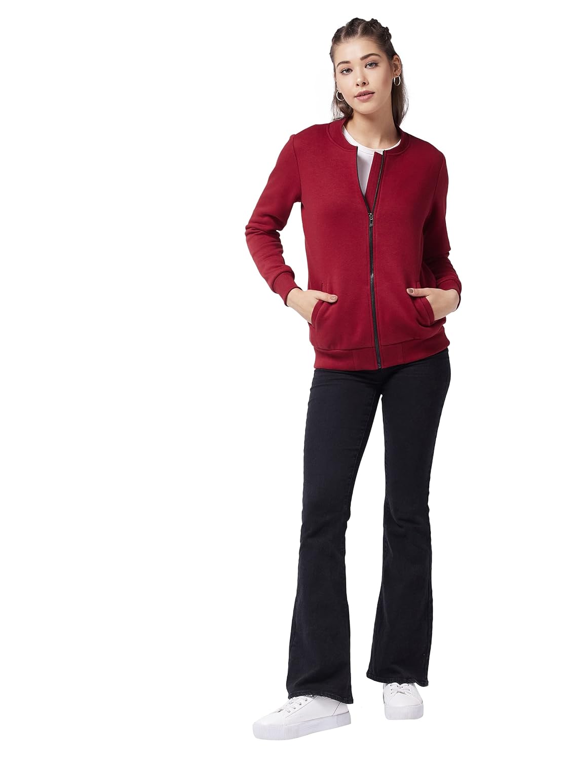 Women's Maroon V-Neck Full Sleeve Solid Bomber Regular Jacket - Image 2