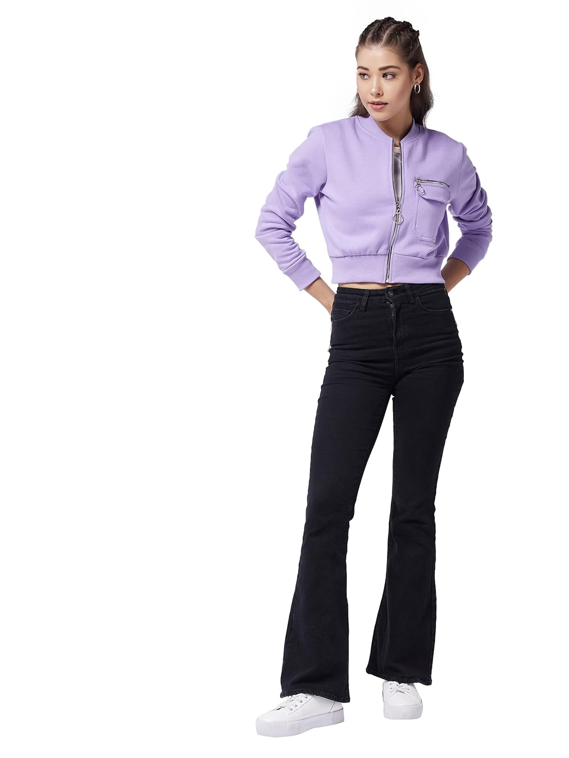 Women's Lavender Round Neck Full Sleeve Cotton Solid Bomber Crop Jacket - Image 2
