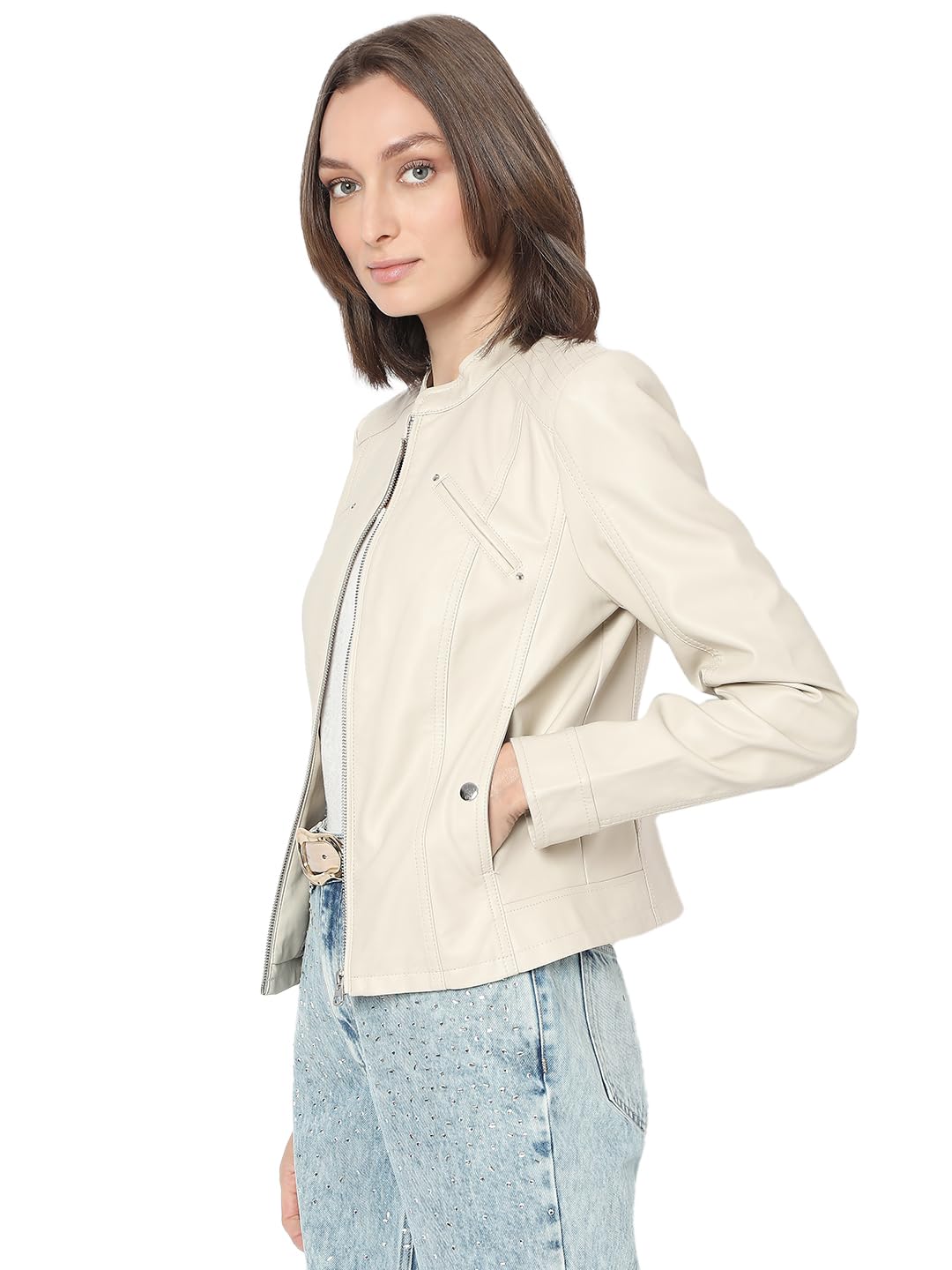 Women's Regular Fit Beige Jacket - Image 3