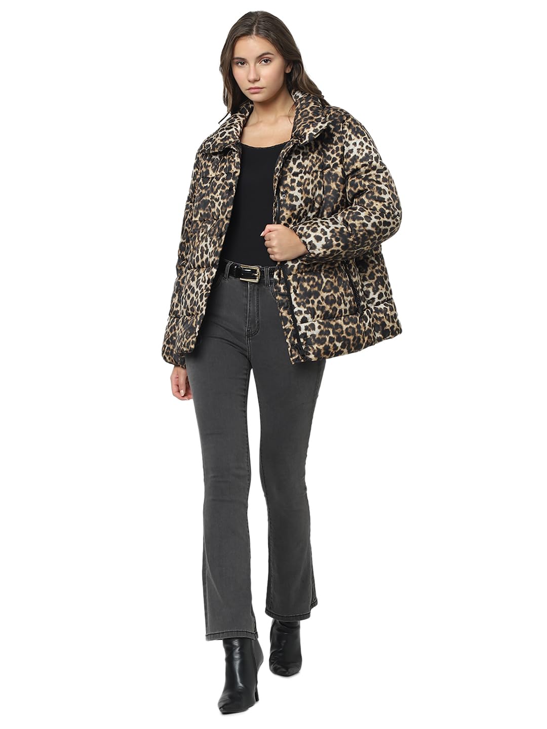 Women Animal Print Brown Polyester Regular Fit Puffer Jacket - Image 5