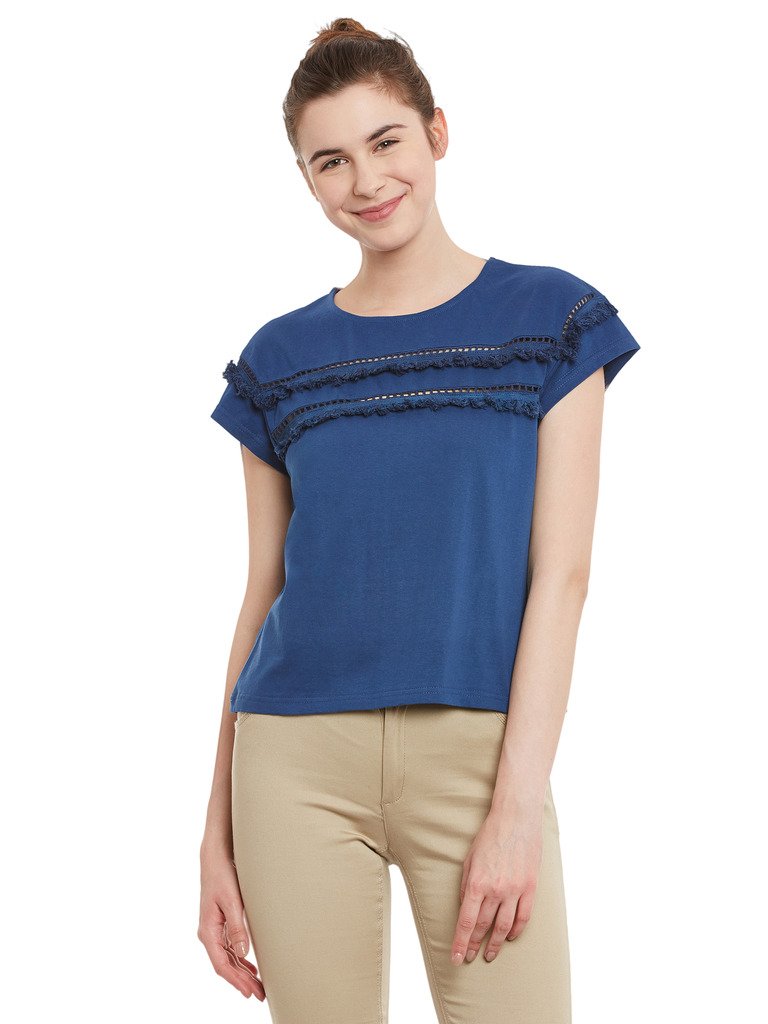 Women's Yellow Short Sleeve Round Neck Solid Lace Panelled Top - Image 18