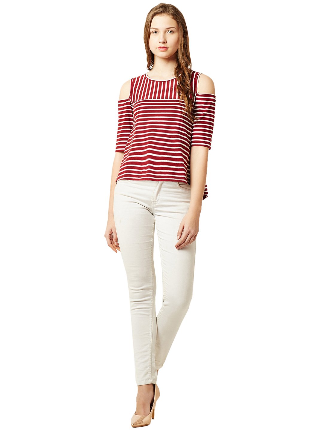 Women's Maroon and White Striped Cold Shoulder Top - Image 7