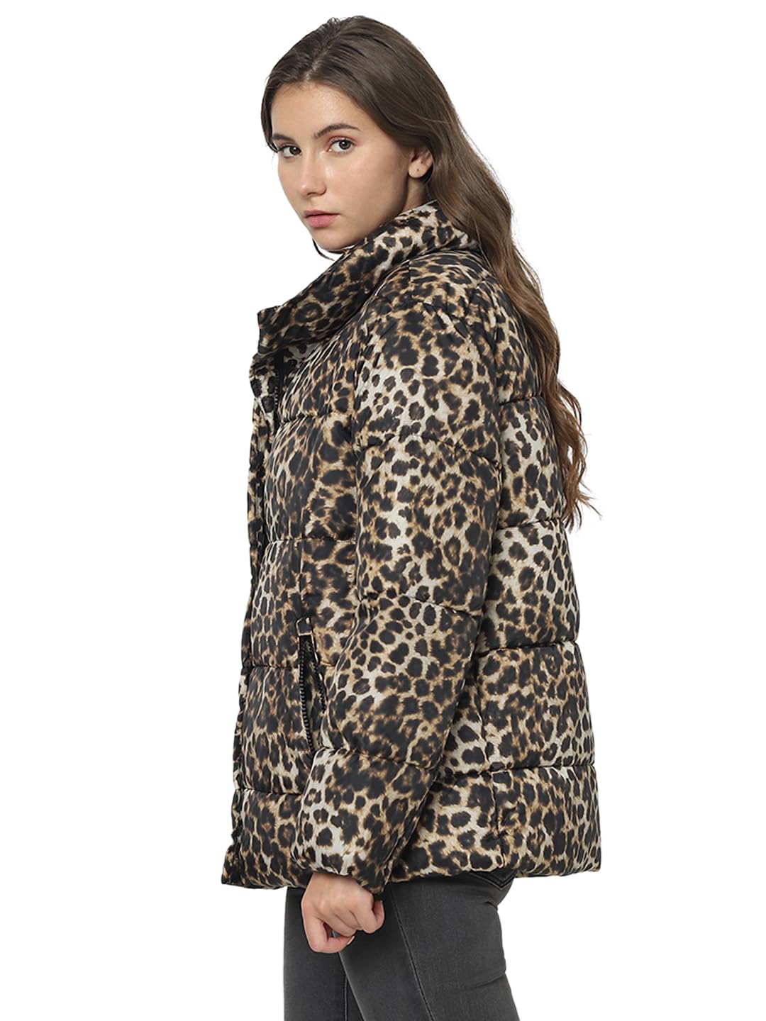 Women Animal Print Brown Polyester Regular Fit Puffer Jacket - Image 3