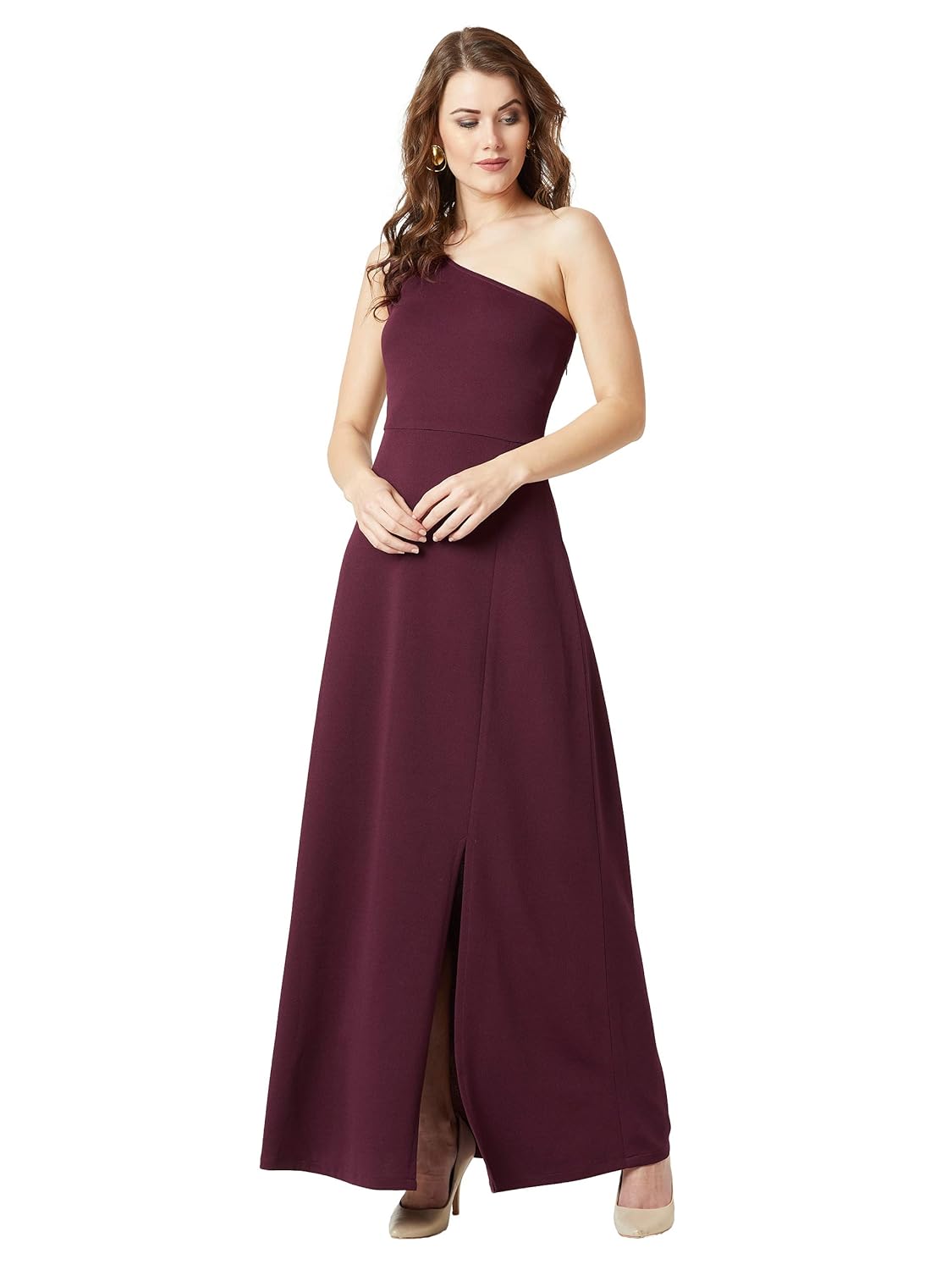 Women's Designer Crepe One-Shoulder Sleeveless Solid Side Slit Maxi Dress with Zip Closure - Image 2