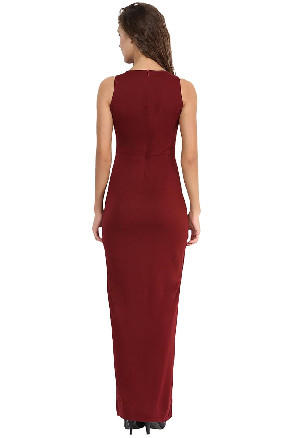 Women's Maroon Round Neck Sleeveless Cut-Out Front Slit Slim Fit Bodycon Maxi Dress - Image 2