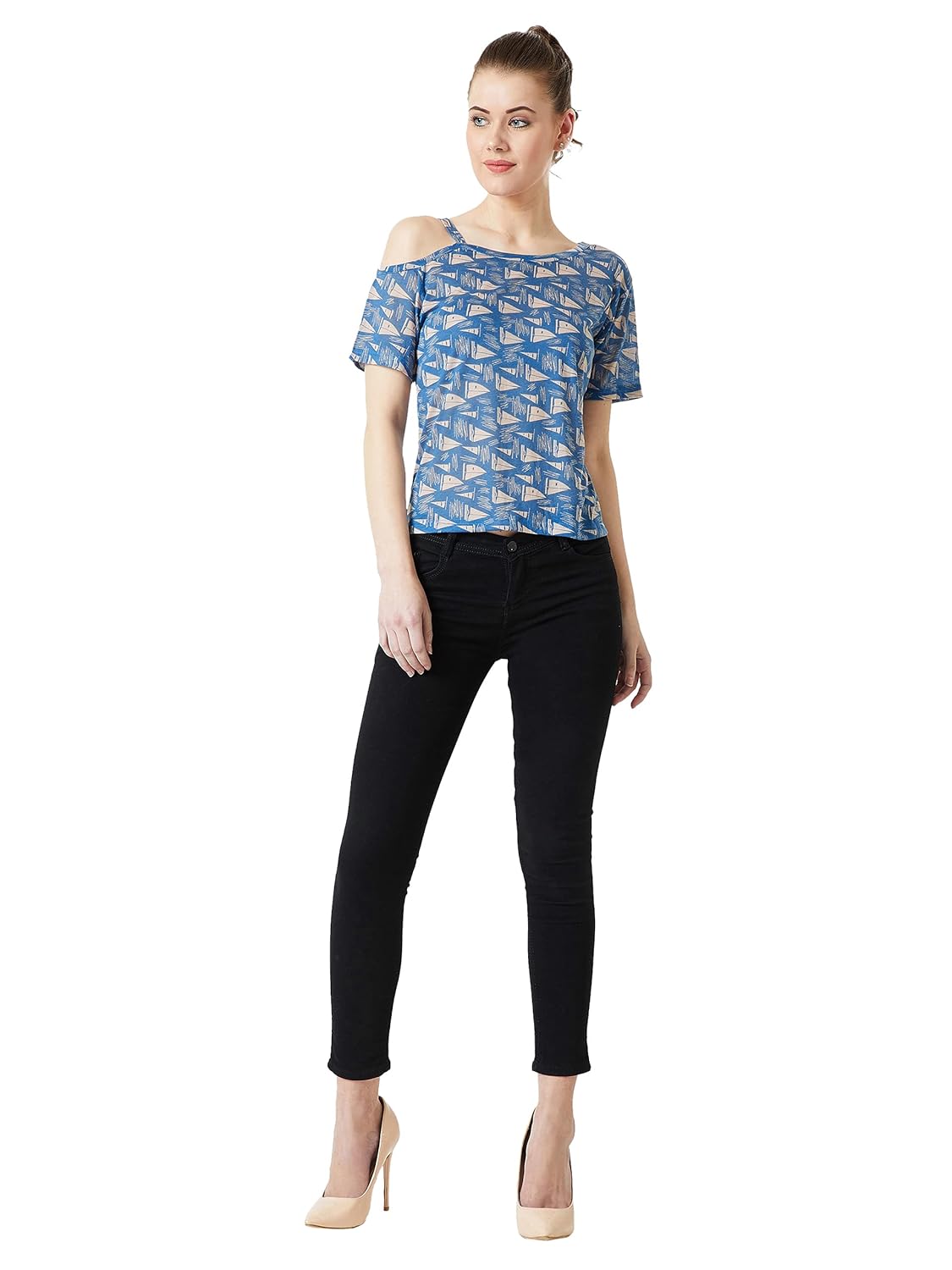 Women's Multicolor One-Shoulder Short Sleeve Nautical Shoulder Straps Regular Top - Image 2