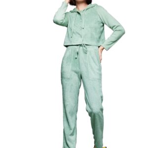 Women'S Sage Green Hooded Full-Sleeve Solid Croped Hooded Regular Length Polyester Co-Ord Set