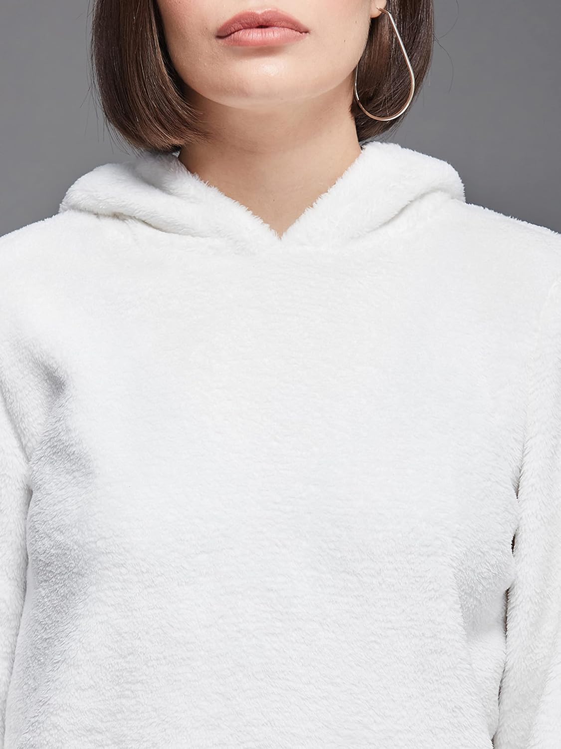 Women's White Full-Sleeve Solid-Patterned Regular Length Pullover Styled Polyester Hooded Sweatshirt - Image 5
