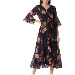 Women's Multicolored- Base- Navy Blue V Neck 3/4th Sleeve Floral Ruffled Maxi Dress