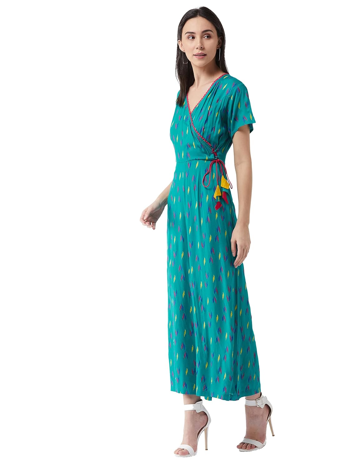 Women's Green Tribal Self-Printed Relaxed Fit Half Sleeve V-Neck Ankle-Length Straight Jumpsuit - Image 3