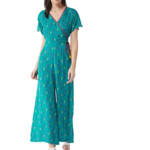 Women's Green Tribal Self-Printed Relaxed Fit Half Sleeve V-Neck Ankle-Length Straight Jumpsuit