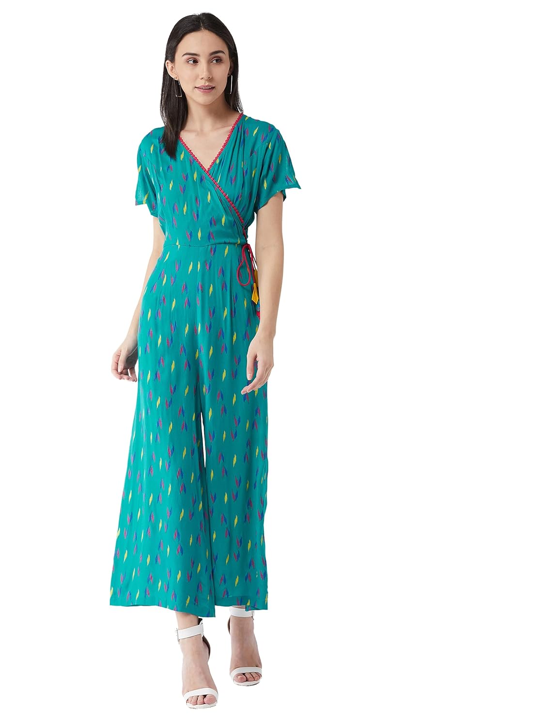 Women's Green Tribal Self-Printed Relaxed Fit Half Sleeve V-Neck Ankle-Length Straight Jumpsuit