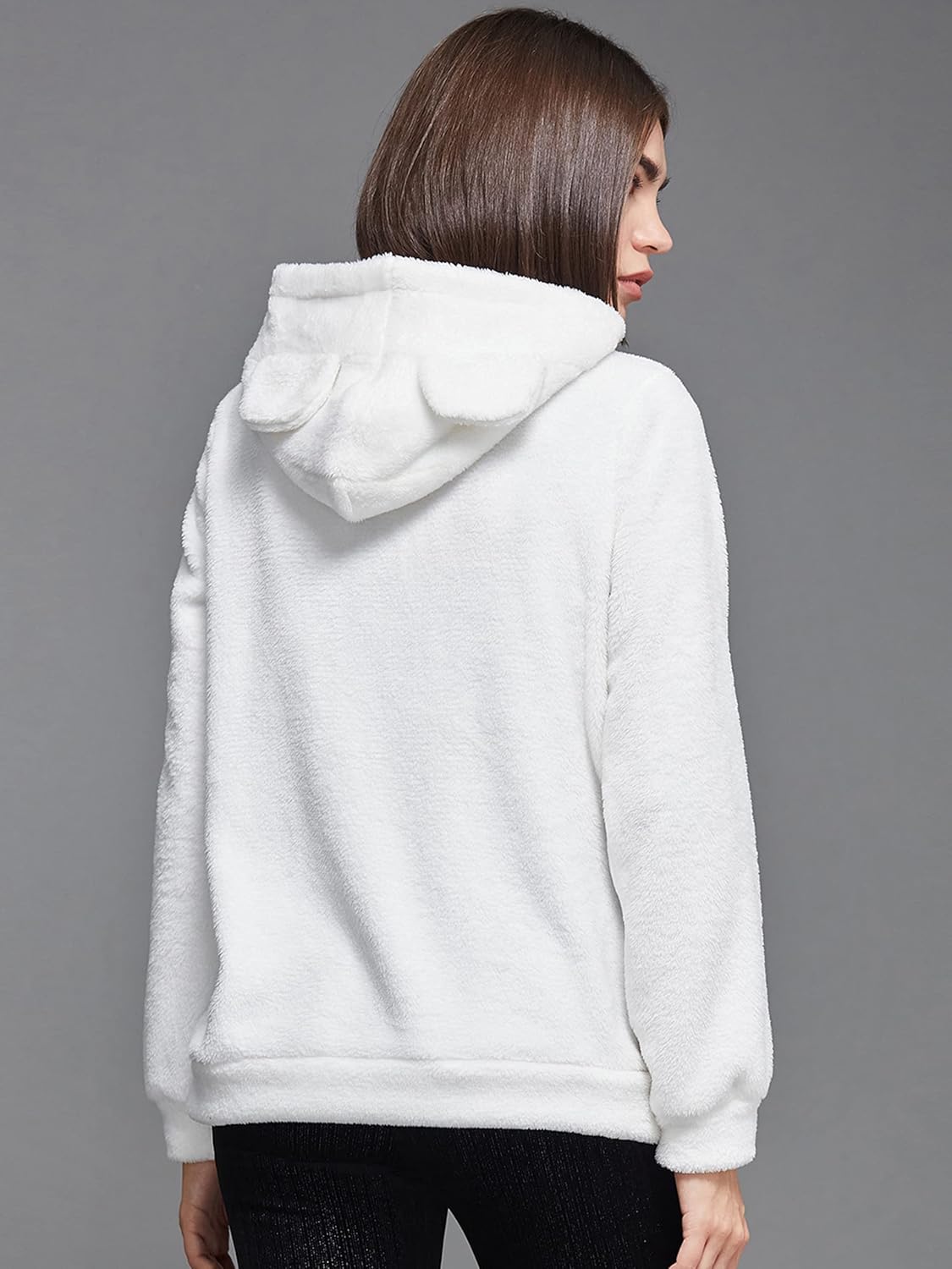 Women's White Full-Sleeve Solid-Patterned Regular Length Pullover Styled Polyester Hooded Sweatshirt - Image 4