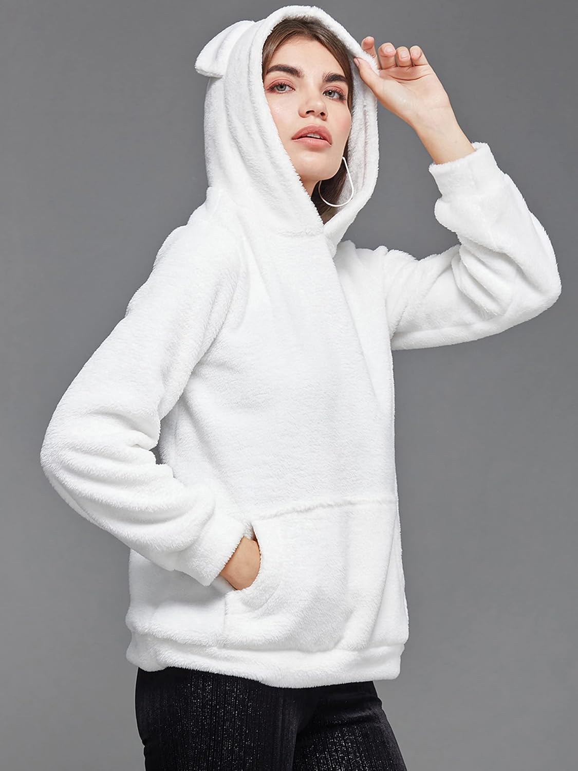 Women's White Full-Sleeve Solid-Patterned Regular Length Pullover Styled Polyester Hooded Sweatshirt - Image 3