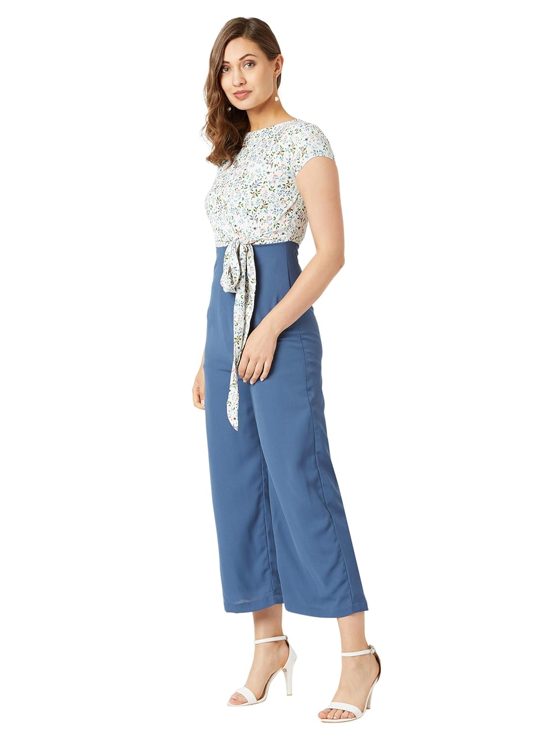 Women's Multicolored Round Neck Short Sleeves Floral Waist Tie-Up Regular Length Jumpsuit - Image 4