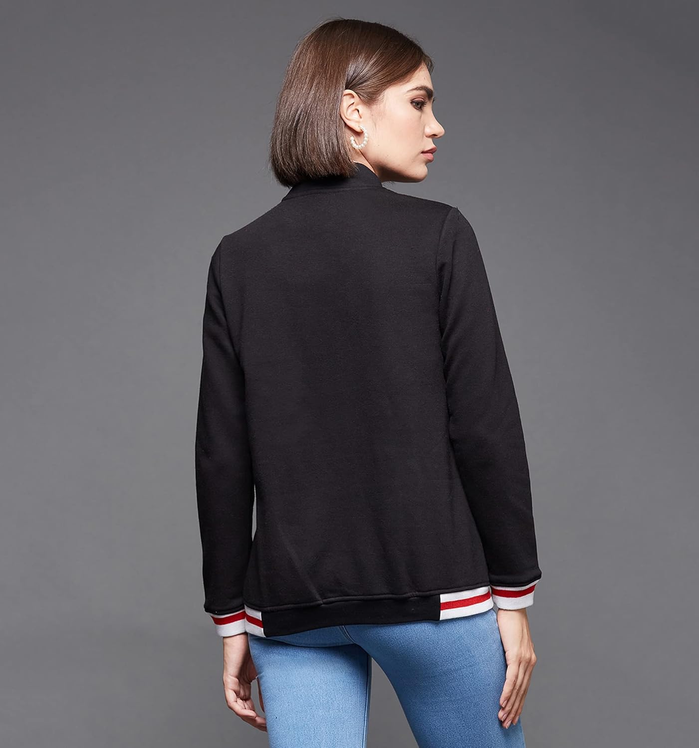 Women's Black V-Neck Full Sleeve Solid Multicolored Bomber Jacket - Image 4
