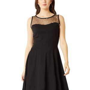 Women's Black Round Neck Sleeveless Cotton Solid Sheer and Pearl Detailing Mini Skater Dress