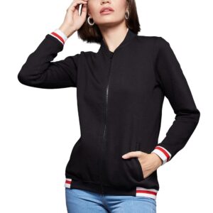 Women's Black V-Neck Full Sleeve Solid Multicolored Bomber Jacket