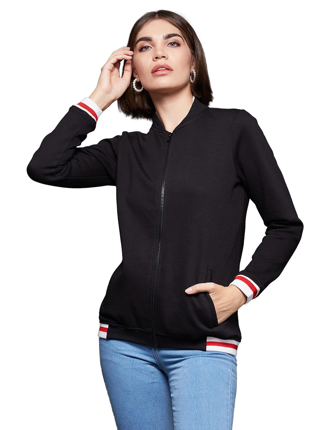 Women's Black V-Neck Full Sleeve Solid Multicolored Bomber Jacket
