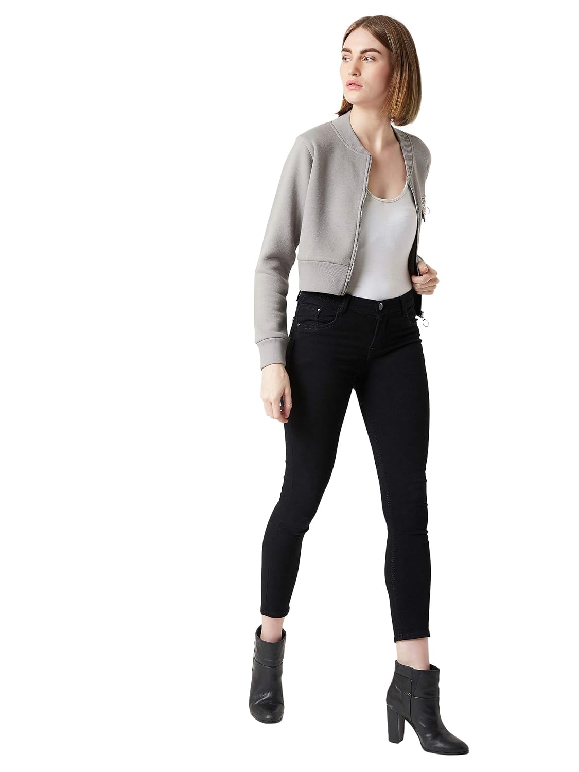 Women's Grey Collared Full Sleeves Solid Bomber Cropped Jacket - Image 2