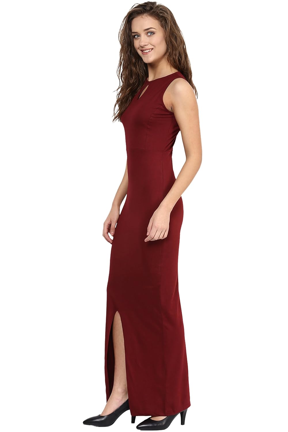Women's Maroon Round Neck Sleeveless Cut-Out Front Slit Slim Fit Bodycon Maxi Dress - Image 3