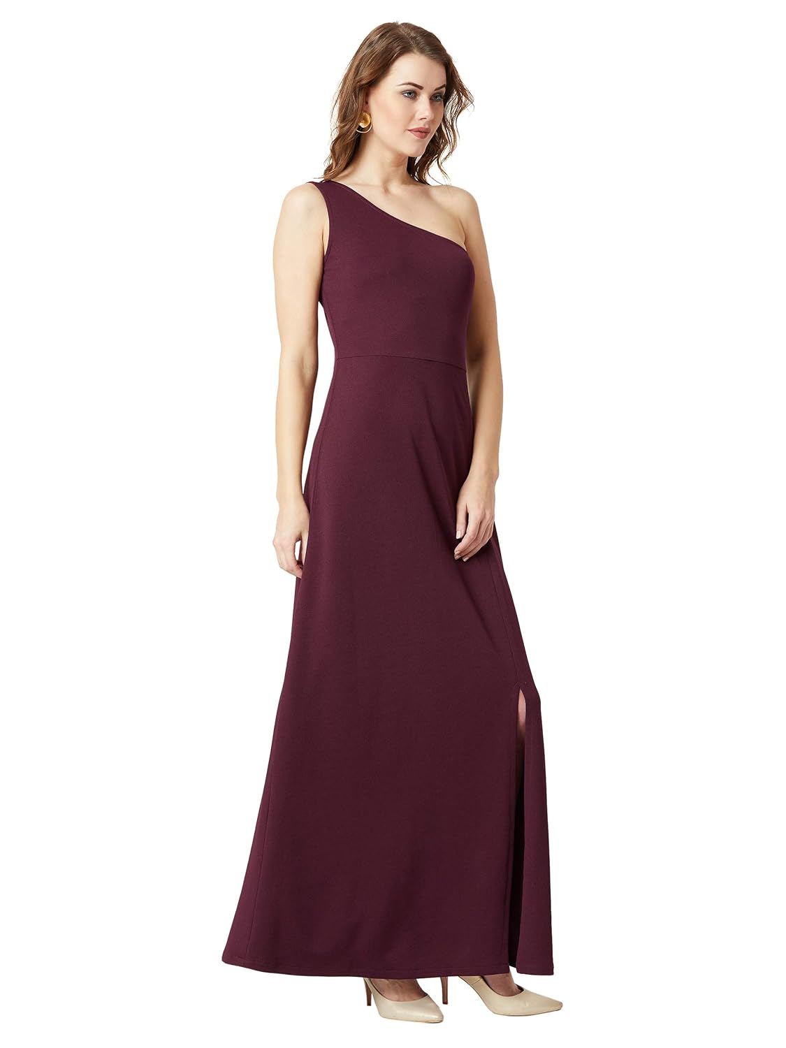 Women's Designer Crepe One-Shoulder Sleeveless Solid Side Slit Maxi Dress with Zip Closure - Image 3