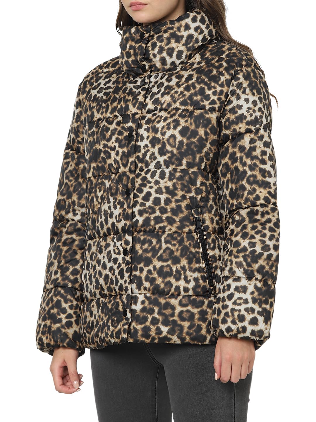 Women Animal Print Brown Polyester Regular Fit Puffer Jacket - Image 6