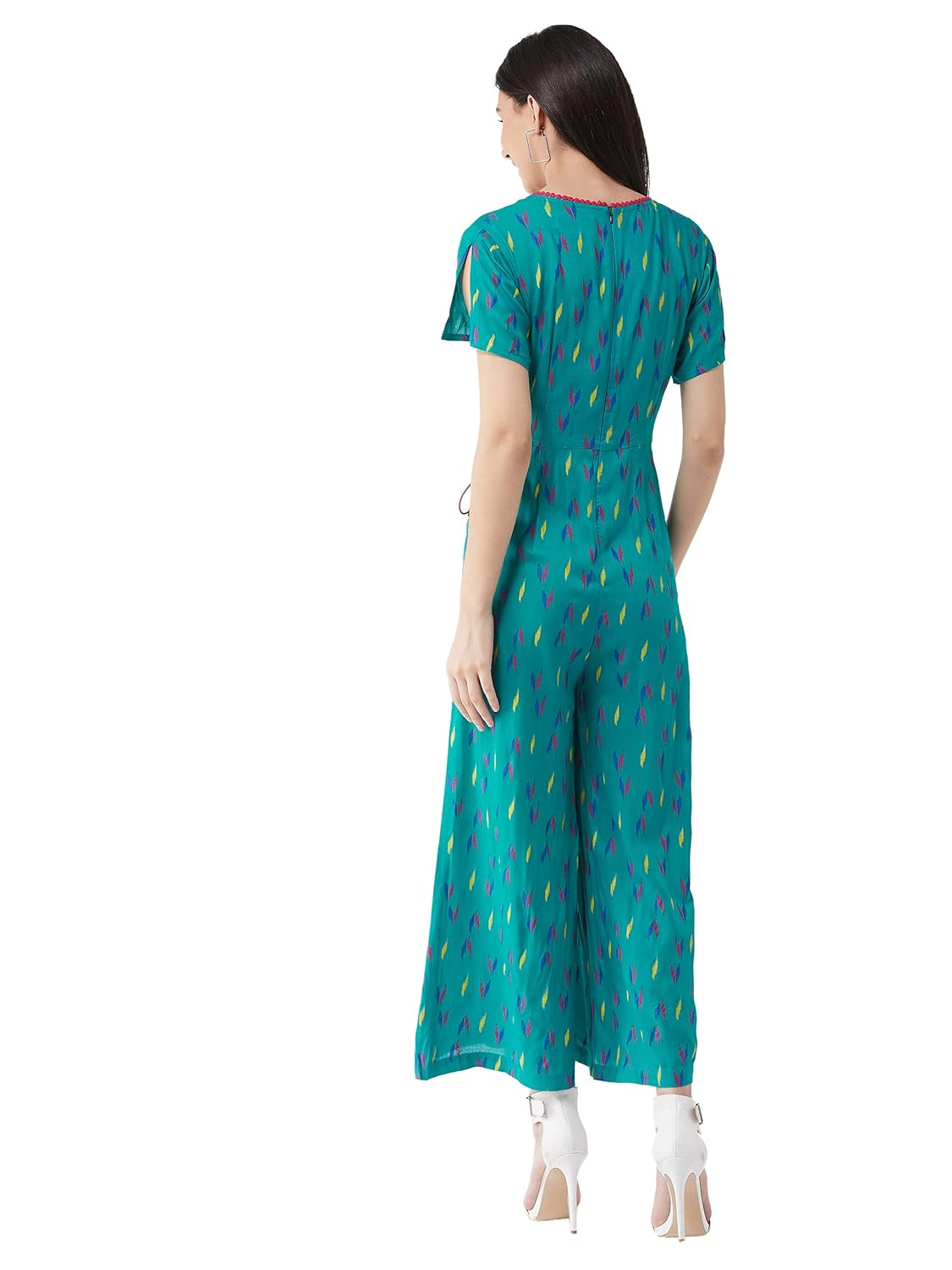 Women's Green Tribal Self-Printed Relaxed Fit Half Sleeve V-Neck Ankle-Length Straight Jumpsuit - Image 4