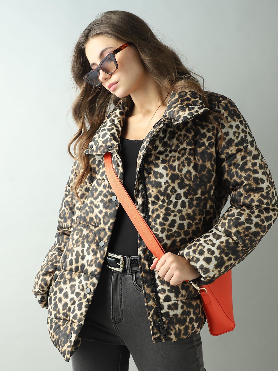 Women Animal Print Brown Polyester Regular Fit Puffer Jacket - Image 2