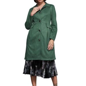 Women's Dark Sage Shirt Collar Full-Sleeve Solid Knee-Long Polyester Jacket