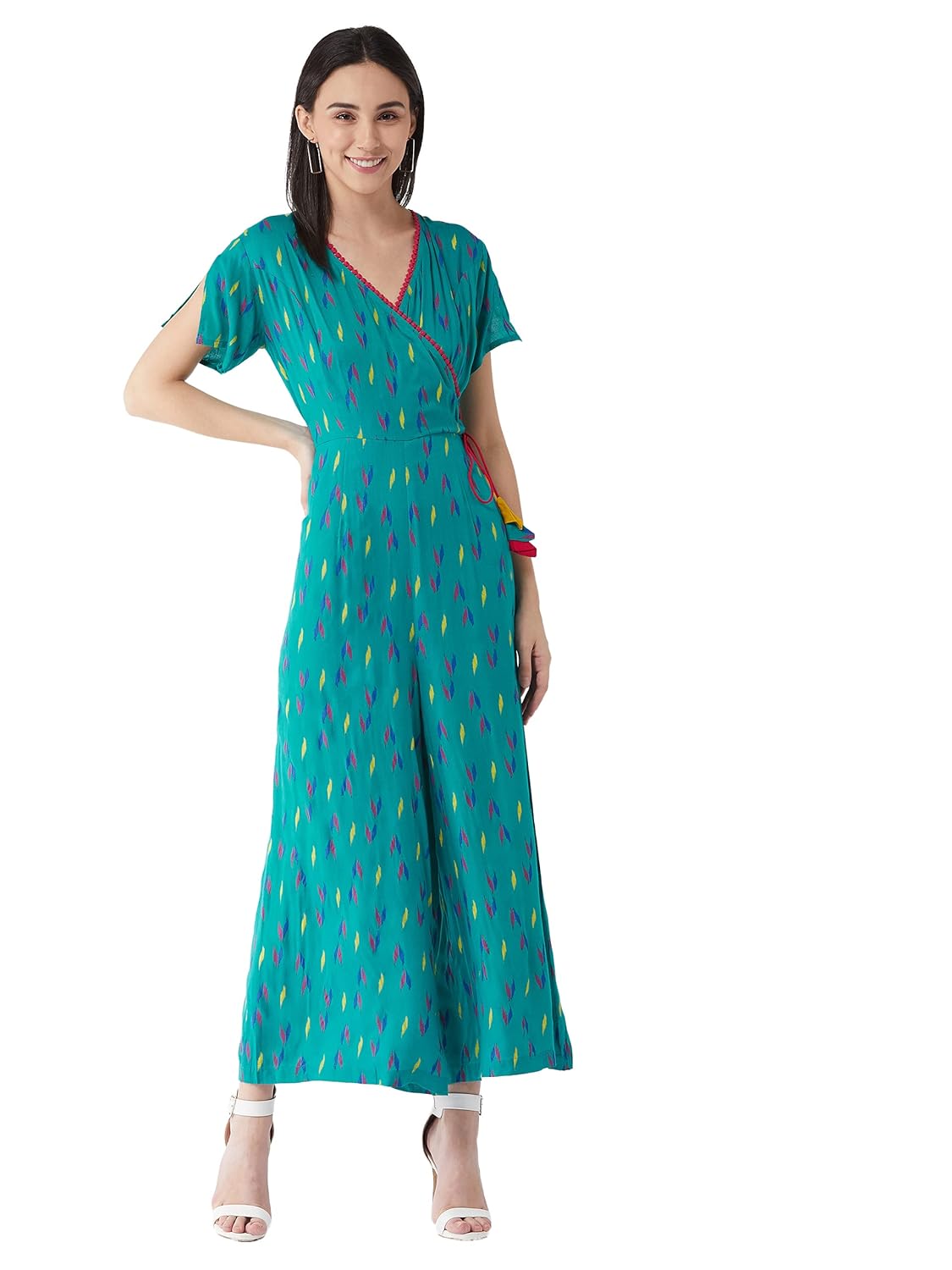 Women's Green Tribal Self-Printed Relaxed Fit Half Sleeve V-Neck Ankle-Length Straight Jumpsuit - Image 2