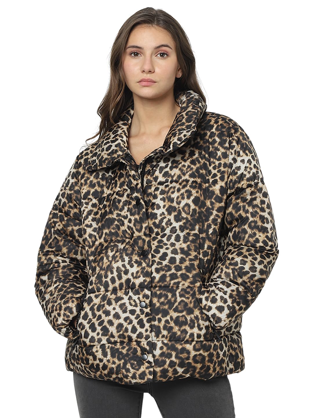 Women Animal Print Brown Polyester Regular Fit Puffer Jacket