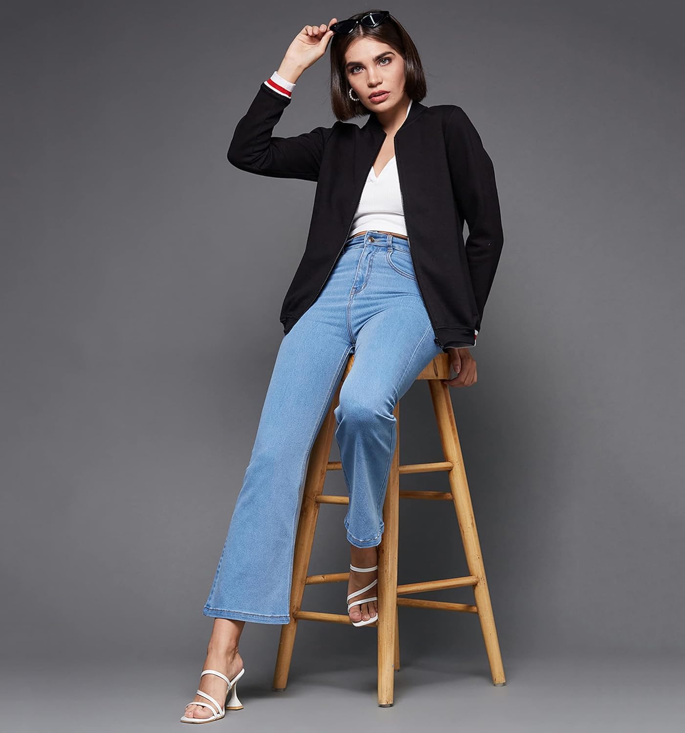 Women's Black V-Neck Full Sleeve Solid Multicolored Bomber Jacket - Image 7