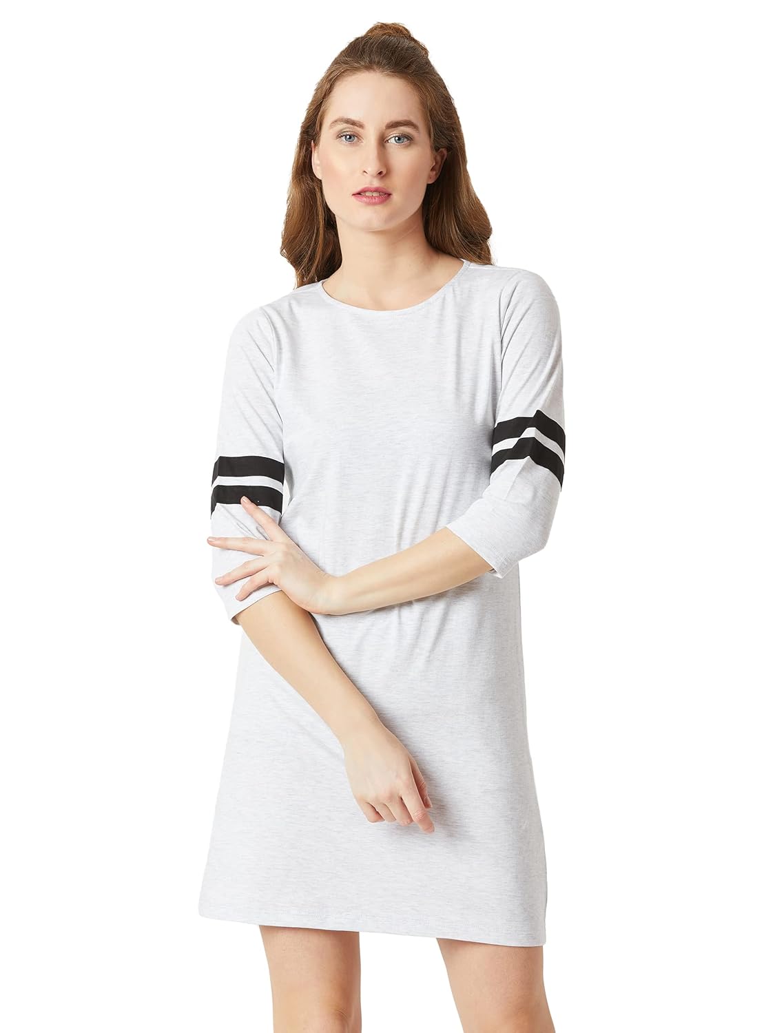 Women's Super Soft Solid Round Neck 3/4th Sleeves Paneled Color Block Mini Shift Dress - Image 6