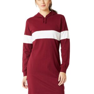 Women's Round Neck Full Sleeves Cotton Solid Hooded Knee-Long T-Shirt Dress