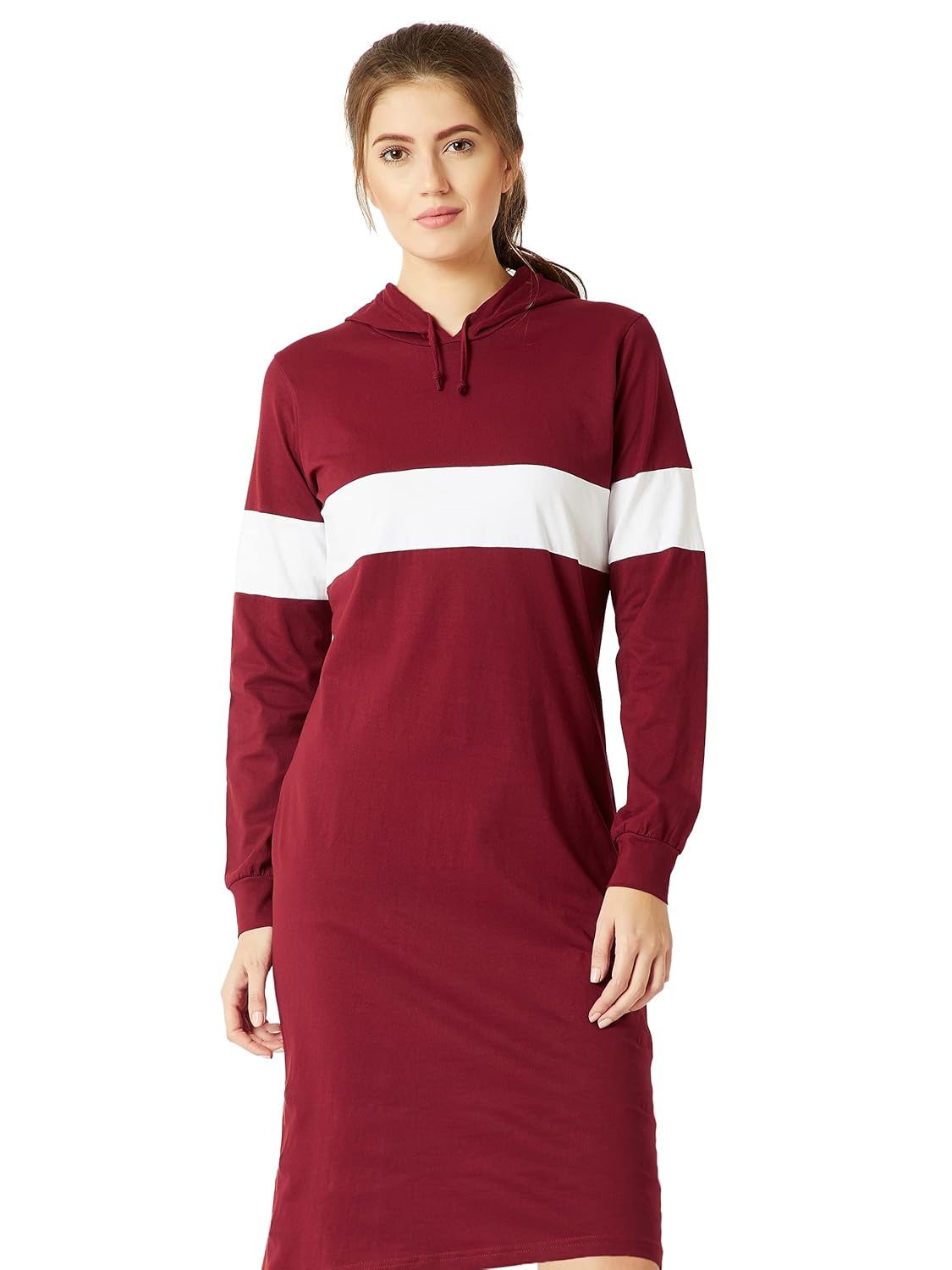 Women's Round Neck Full Sleeves Cotton Solid Hooded Knee-Long T-Shirt Dress