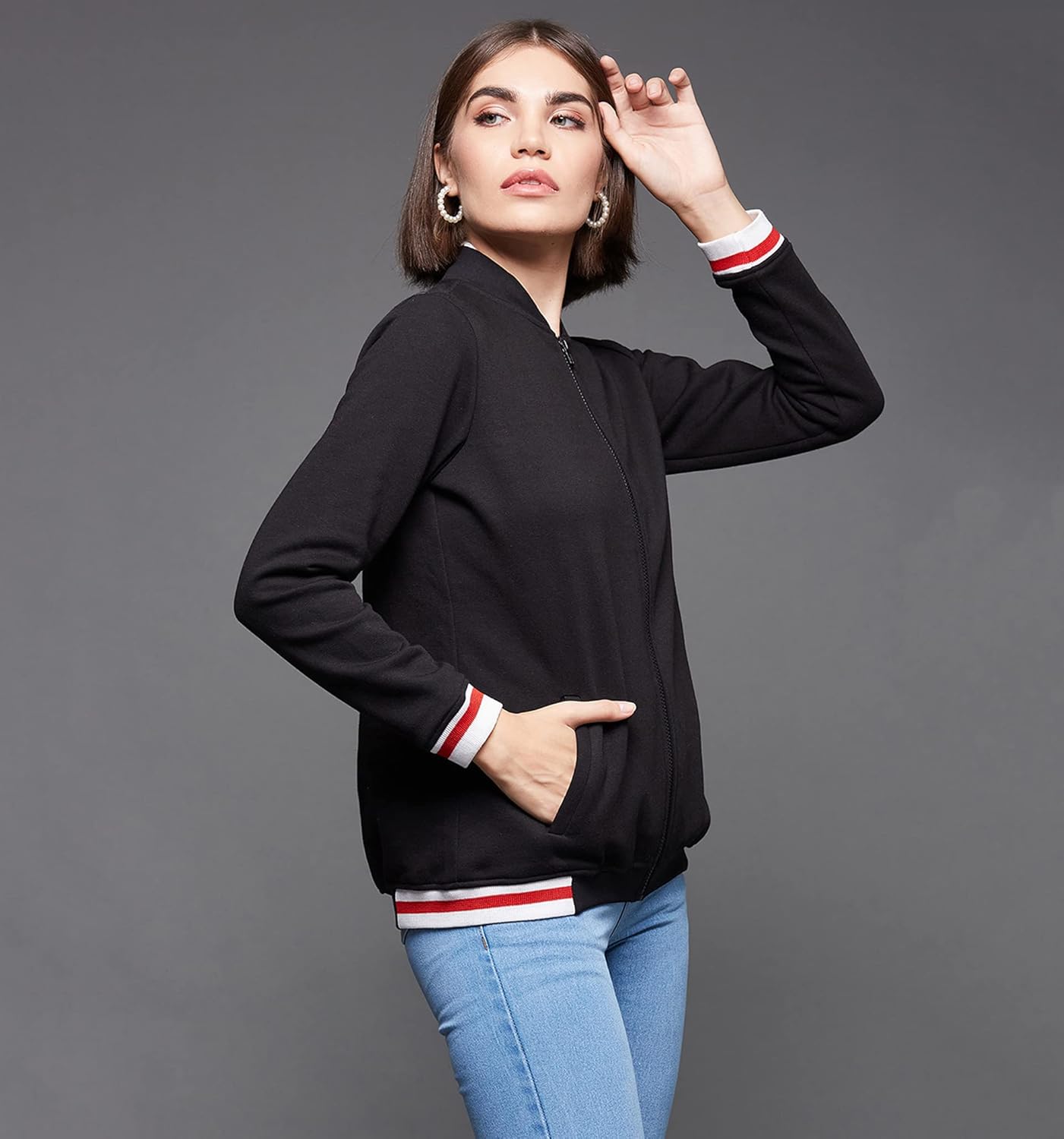 Women's Black V-Neck Full Sleeve Solid Multicolored Bomber Jacket - Image 3