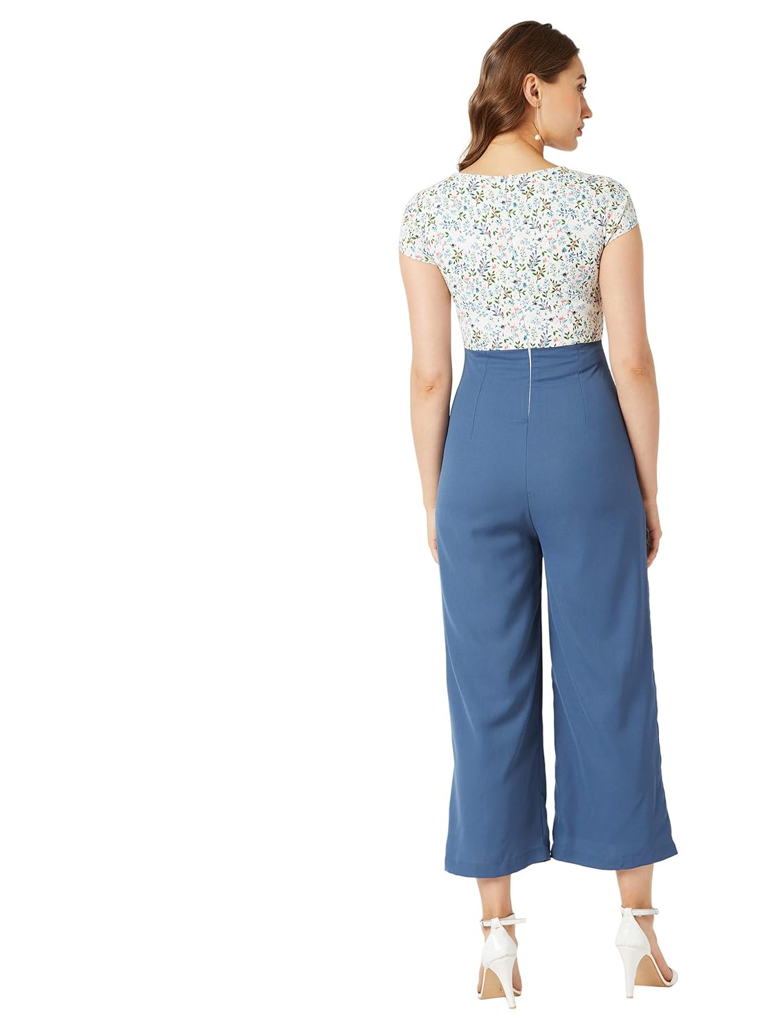 Women's Multicolored Round Neck Short Sleeves Floral Waist Tie-Up Regular Length Jumpsuit - Image 5